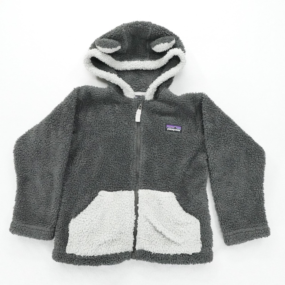 Patagonia Toddler 3T Fleece Jacket Gray Full Zip Hooded Sherpa Bear Ear Pockets